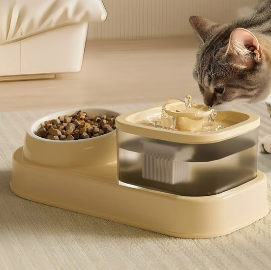 2-in-1 Cat Water Dispenser & Feeding Bowl – Flow Design, Dry & Wet Separation, Anti-Spill, Easy to Clean
