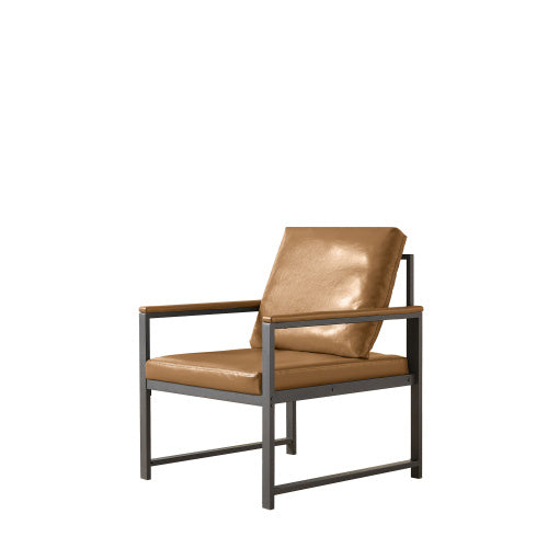 Tech Cloth Armchair – Retro Accent Chair with Faux Leather Armrests, Metal Frame, Water-Resistant Fabric, Padded Cushion
