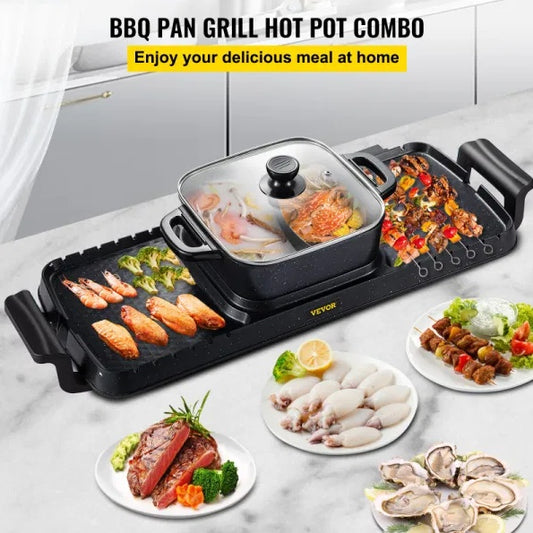 2-in-1 Electric Hot Pot and Teppanyaki Grill – Dual Temperature Control, 2.8L Divider Pot, Nonstick Grill Plates, Party Grill for 1–8 People