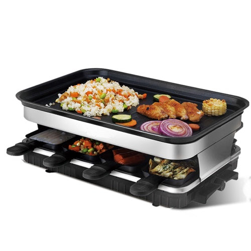 8-Person Raclette Grill – Non-Stick Coated Grill Plate, 8 Mini Pans, Adjustable Temperature Control, 1500W Party Grill