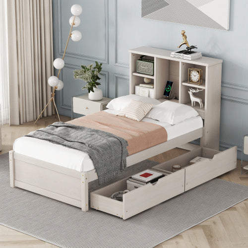Modern Twin Bed Frame in White Washed Wood – USB Charging Bookcase Headboard & 2 Underbed Storage Drawers