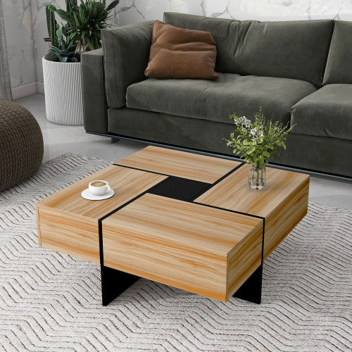 ON-TREND Unique Design Coffee Table with 4 Hidden Storage Compartments and Extendable Sliding Top, Modern Brown UV High-gloss Finish, 31.5" Square Cocktail Table for Living Room