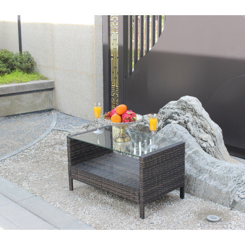 Outdoor Patio Coffee Table with Tempered Glass Top – Brown Wicker