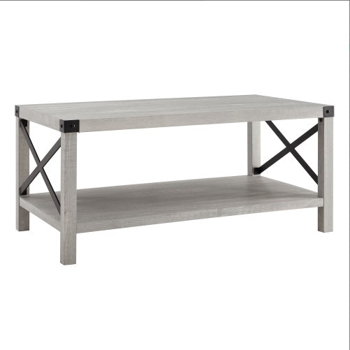 Farmhouse Metal-X Coffee Table with Lower Shelf – Stone Grey