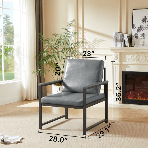 Retro PVC Artificial Leather Accent Chair – Modern Armchair with Metal Frame and Padded Cushion for Living Room, Office, or Bedroom – Gray