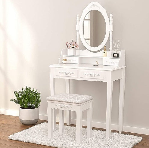 Vanity Table Set with 4 Drawers, Cushioned Stool & Oval Mirror – Elegant Makeup Dressing Table for Girls & Women Bedroom, Jasmine White