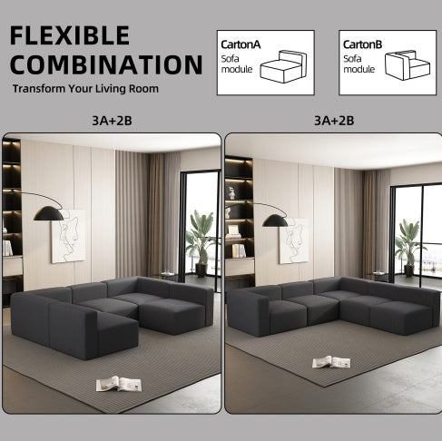 Modular Sectional Sofa Sleeper Couch with Chaise and Ottoman, Convertible U-Shaped Modular Sofa Set, Compressed Sponge, Dark Grey