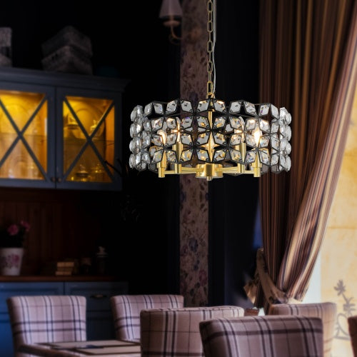 Modern Round Crystal Chandelier – Elegant K9 Crystal Lighting Fixture (Black & Gold)