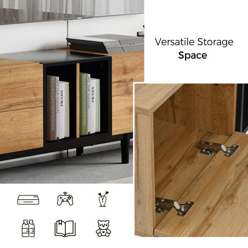 Modern TV Stand for 80-Inch TVs – Natural Wood Media Console with 3 Doors & Spacious Storage