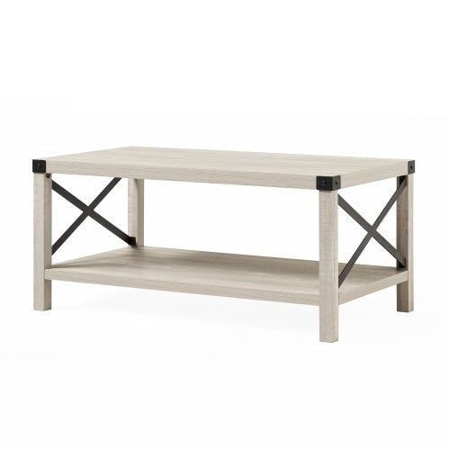 Farmhouse Metal-X Coffee Table with Lower Shelf – Stone Grey