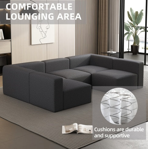 Modular Sectional Sofa Sleeper Couch with Chaise and Ottoman, Convertible U-Shaped Modular Sofa Set, Compressed Sponge, Dark Grey