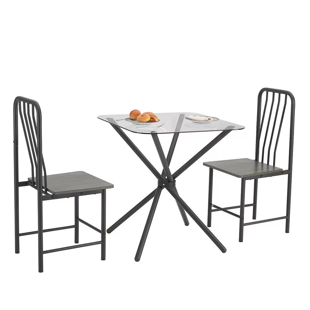 Dining Set for 2, Square Glass Tempered Dining Table with 4 Legs and 2 Metal Chairs, Black & Brown - Ideal for Home Office, Kitchen, or Dining Room