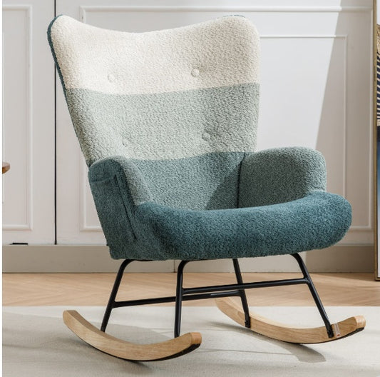 Modern Rocking Armchair with Solid Wood Armrests and Teddy Bear Upholstery for Living Room and Bedroom (Green + Dark Green)