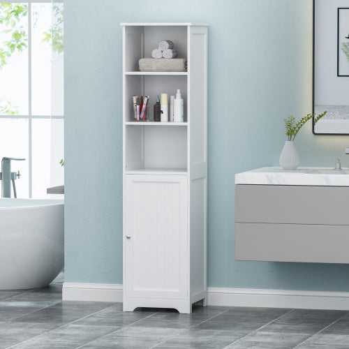 Modern White Bathroom Storage Cabinet – Tall Linen Tower with Open Shelves & Enclosed Storage, Compact Design (63")