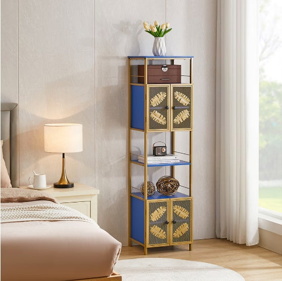 Freestanding Tall Cabinet – Narrow Metal Locker with Open Compartment & Doors (Orange + Gold, 58.8")