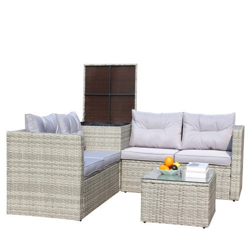 4 Piece Patio Sectional Wicker Rattan Outdoor Furniture Sofa Set with Storage Box (Grey)