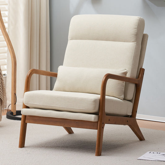 Mid-Century Modern Indoor Lounge Chair – Off-White Linen Armchair with Solid Wood Frame and Iron Accents
