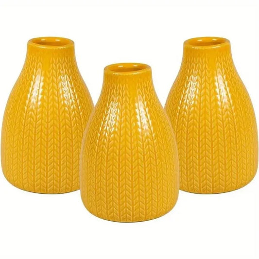 Embossed Ceramic Vase Set – Set of 3 Blue or Yellow Vases for Modern Home Styling