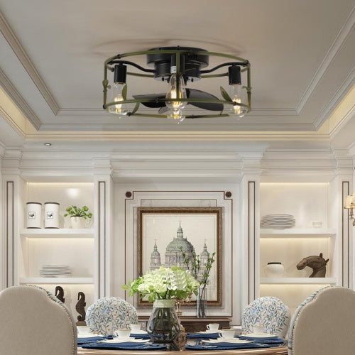 Modern Green Cage Ceiling Fan with Light and Remote