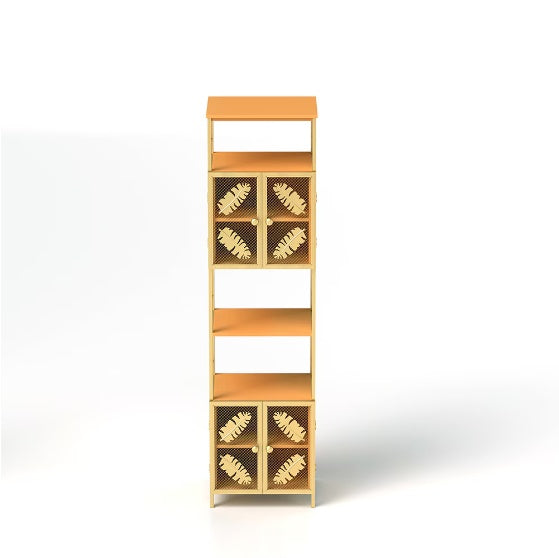 Freestanding Tall Cabinet – Narrow Metal Locker with Open Compartment & Doors (Orange + Gold, 58.8")