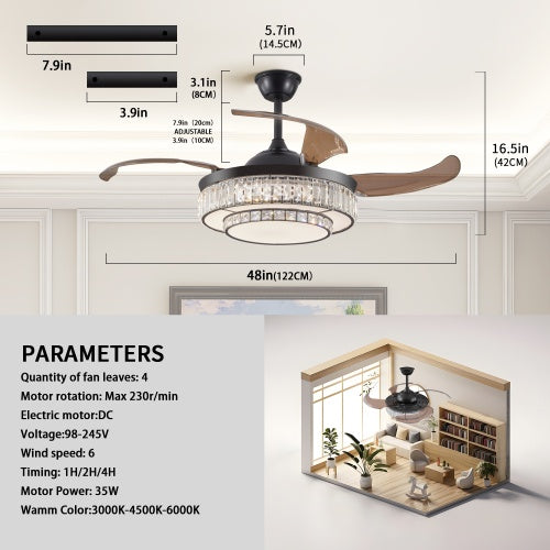 Modern LED Retractable Ceiling Fan with Light and Remote Control
