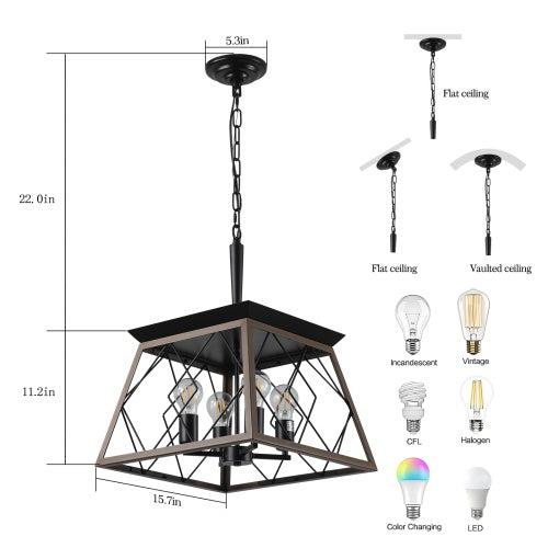 Farmhouse Chandelier – 4-Light Rustic Antique Pendant Light for Kitchen, Dining, Entryway