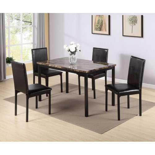 5-Piece Metal Dining Table and Chair Set with Imitation Marble Top – Black: