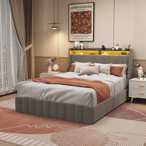 Full Size LED Bed Frame with 4 Drawers & Wingback Headboard – Light Grey