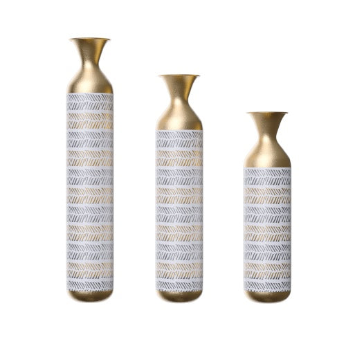 Oversized Metal Floor Vase Set – 3 Handcrafted Vases with Gold Accents & Modern Chevron Pattern (24” / 28.7” / 33.5”)