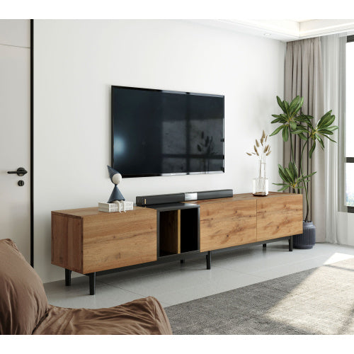 Modern TV Stand for 80-Inch TVs – Natural Wood Media Console with 3 Doors & Spacious Storage