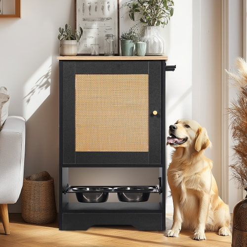 Elevated Pet Feeding Station with Storage Cabinet – Hidden Pull-Out Dog Bowls, Side Hooks, Anti-Tip Kit, Black + Vintage Finish