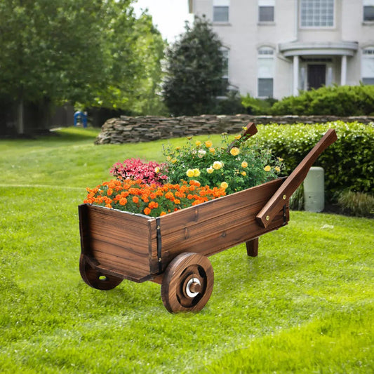 Wooden Wagon Planter Box with Wheels, Handles & Drainage Hole – Rustic Brown