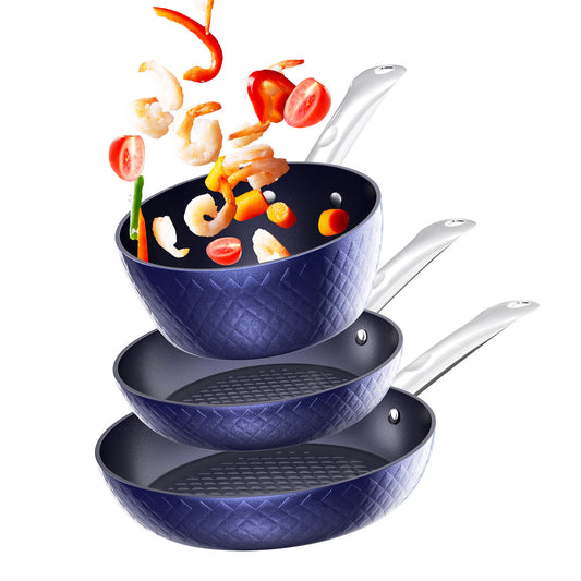 RAINBEAN 3-Piece Frying Pan Set – Non-Stick Blue 3D Diamond Cookware