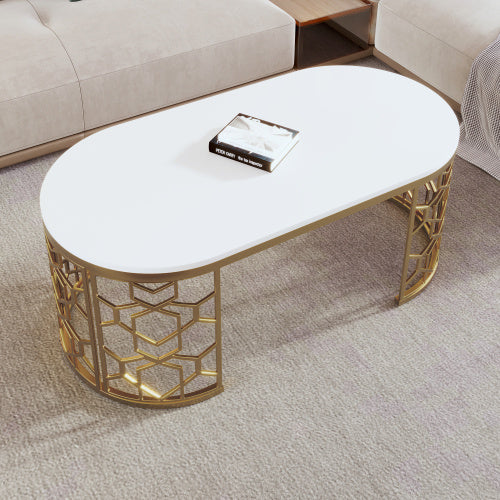 Modern Oval Coffee Table – White Gloss Top with Gold Metal Frame for Living Room