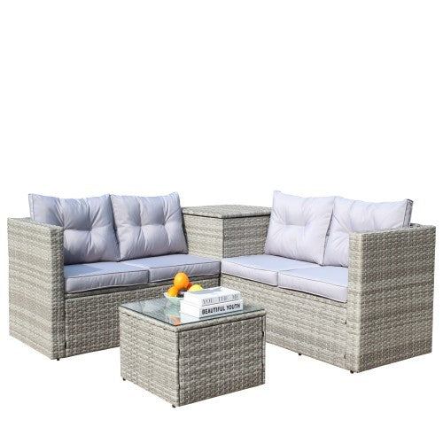 4 Piece Patio Sectional Wicker Rattan Outdoor Furniture Sofa Set with Storage Box (Grey)