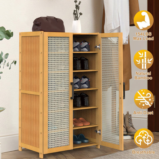 6-Tier Bamboo Shoe Cabinet with Doors – Natural Eco-Friendly Organizer
