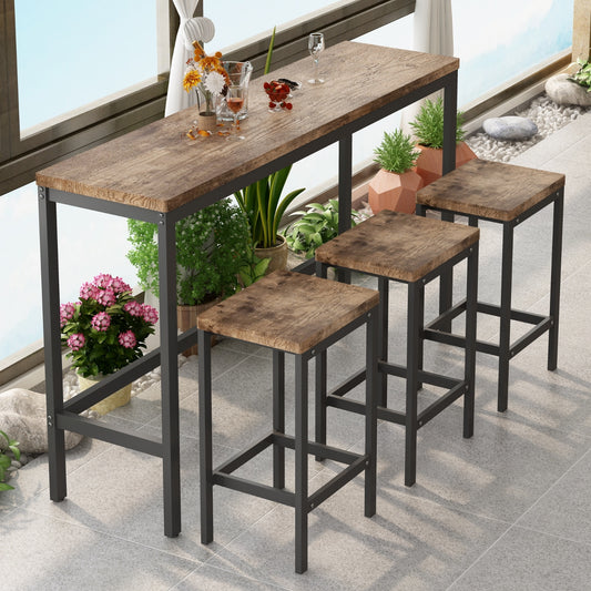 Modern Kitchen Dining Pub Table Set with 3 Stools – Natural Wood Finish