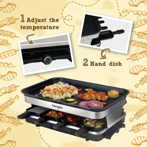 8-Person Raclette Grill – Non-Stick Coated Grill Plate, 8 Mini Pans, Adjustable Temperature Control, 1500W Party Grill