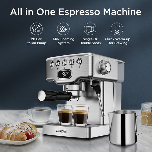 Geek Chef 20-Bar Espresso Machine with Milk Frother | Home Latte & Cappuccino Maker | 1.8L Water Tank | Stainless Steel