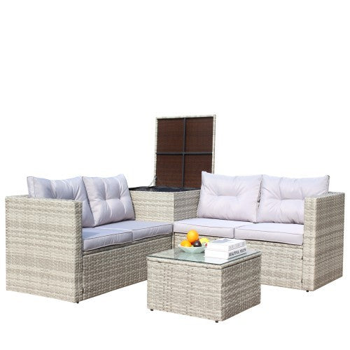 4 Piece Patio Sectional Wicker Rattan Outdoor Furniture Sofa Set with Storage Box (Grey)