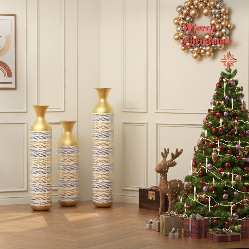 Oversized Metal Floor Vase Set – 3 Handcrafted Vases with Gold Accents & Modern Chevron Pattern (24” / 28.7” / 33.5”)