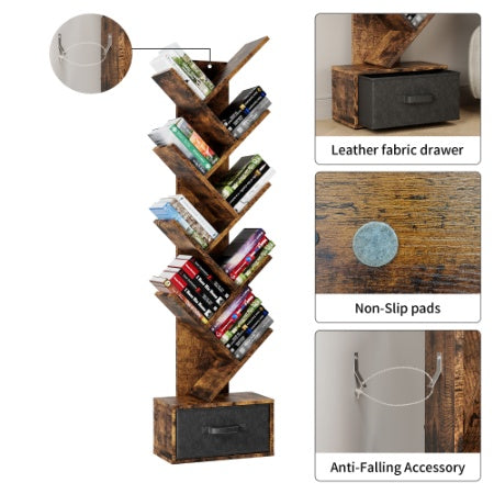 9-Tier Tree Bookshelf with Drawer – Deep Rustic Brown