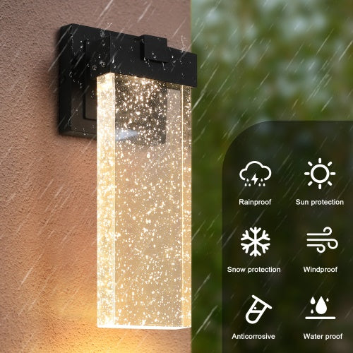 Modern Outdoor Waterproof LED Wall Lights – Set of 2 (Black Finish with Crystal Bubble Lampshade)