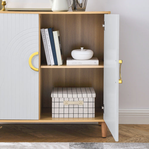Modern Natural Wood Storage Cabinet – Freestanding Sideboard with Doors, Adjustable Shelves & Solid Wood Legs for Kitchen, Dining Room, or Living Room
