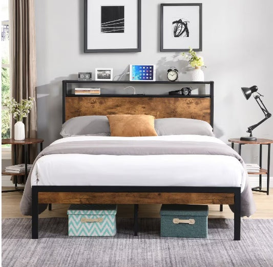 Queen Size Metal Platform Bed Frame with Wooden Headboard, Footboard & USB Charging Ports – Industrial Style, Noise-Free, Under-Bed Storage – Black + Brown