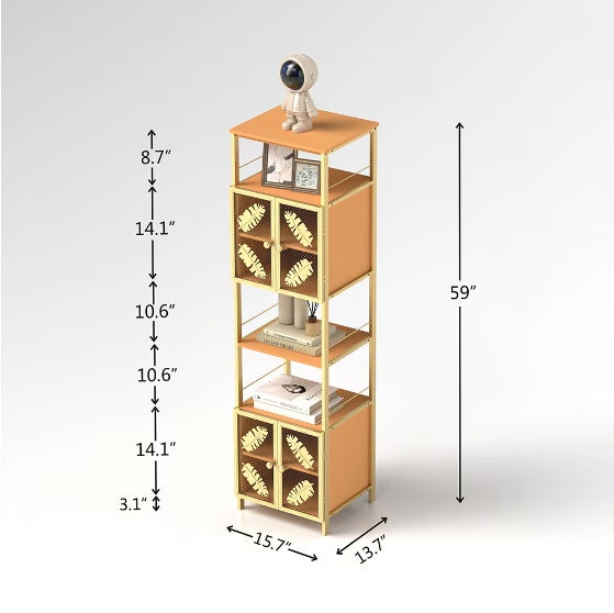 Freestanding Tall Cabinet – Narrow Metal Locker with Open Compartment & Doors (Orange + Gold, 58.8")