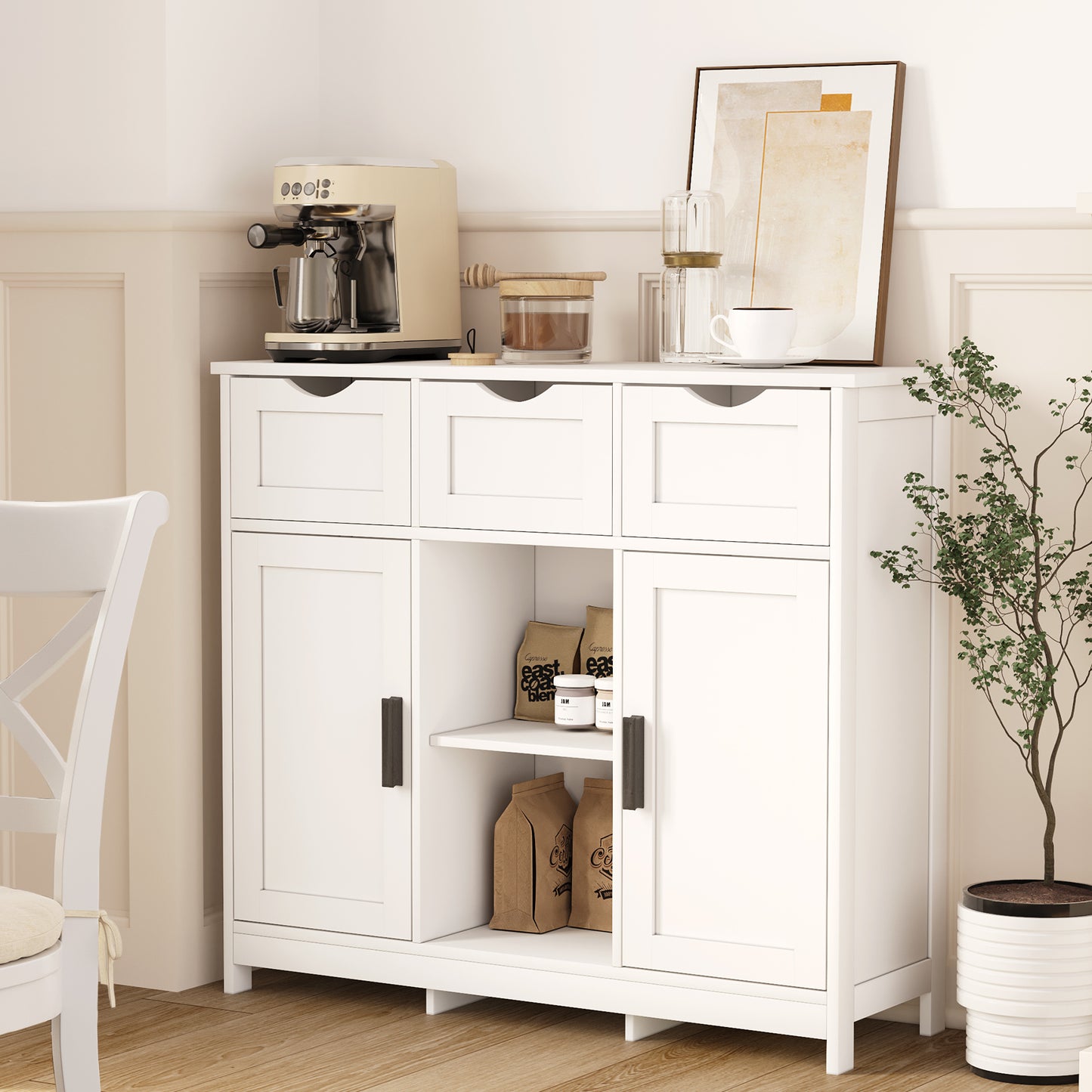 Modern White Storage Cabinet with Adjustable Shelves and Drawers