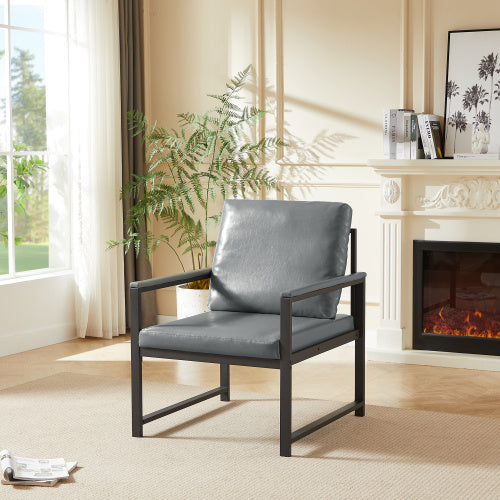 Retro PVC Artificial Leather Accent Chair – Modern Armchair with Metal Frame and Padded Cushion for Living Room, Office, or Bedroom – Gray
