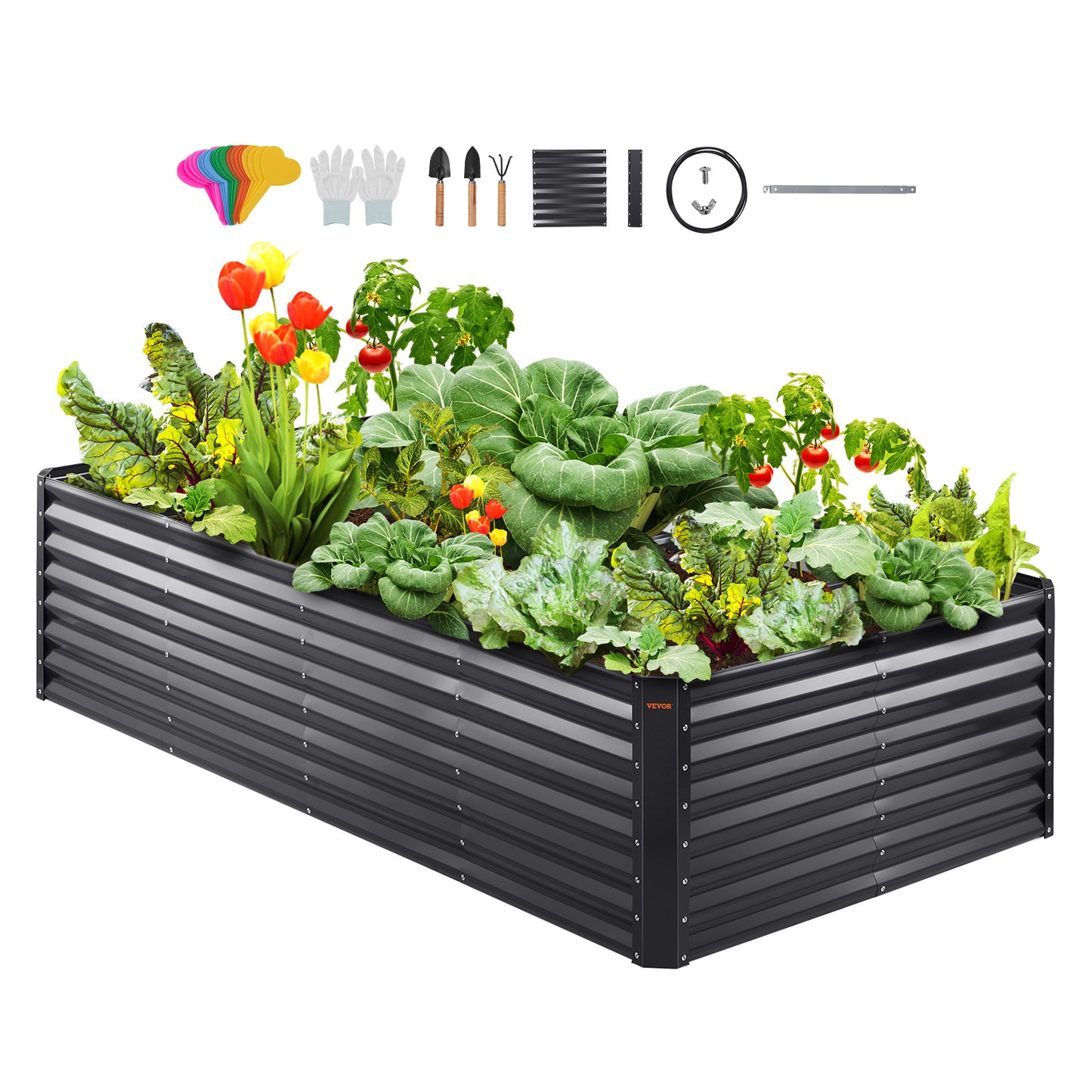 94.5" Galvanized Metal Raised Garden Bed with Complete Planting Kit – Dark Gray