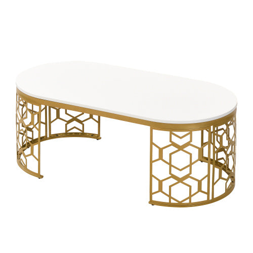 Modern Oval Coffee Table – White Gloss Top with Gold Metal Frame for Living Room